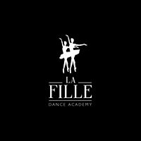 Logotipo da La Fille Dance Academy com dois bailarinos em fundo preto.