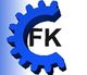 Blaues Zahnrad mit den Buchstaben F und K auf weißem Hintergrund.