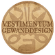 Rundes Logo, Text: 'Vestimentum Gewanddesign' mit abstraktem Muster im Hintergrund.