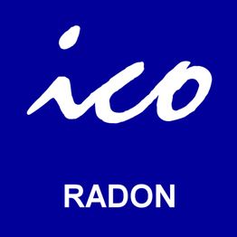 Logo blu con scritta bianca "ico" in corsivo e "RADON" in maiuscolo.