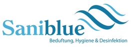 Logo von Saniblue mit Wellenmotiv, Text: "Befeuchtung, Hygiene & Desinfektion".