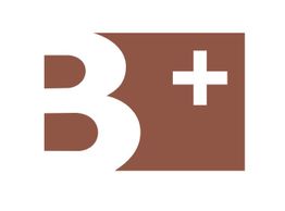 Braunes B mit einem Pluszeichen auf rechteckigem Hintergrund.