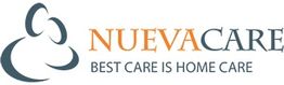 Logo of NuevaCare with tagline: "Best Care is Home Care" and abstract design on the left.