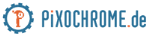 Logo von "PiXOCHROME.de" mit Zahnrad und orangener Figur.