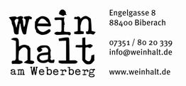 Weinhalt-Logo mit Adresse: Engelgasse 8, 88400 Biberach; Kontakt: info@weinhalt.de, www.weinhalt.de.