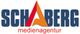 Logo der Schaberg Medienagentur mit blauen Buchstaben und rotem, orangem Akzent in der Mitte.