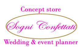 Scritta "Sogni Confettati" in un ovale, con "Concept store" e "Wedding & event planner" in rosa.