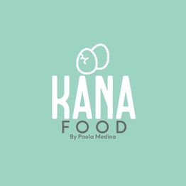 Logo de "Kana Food" con huevos sobre fondo verde menta. Texto: "By Paola Medina".