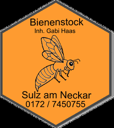 Sechseckiges Logo mit Biene und Text: "Bienenstock, Sulz am Neckar, 0172/7450755".