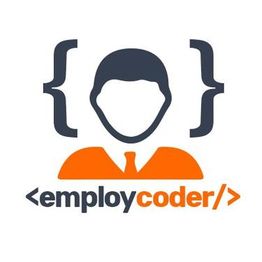 Silhouette of a person in brackets, with "employcoder" text below, using code symbols.