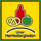 Logo mit Brezel, Flasche, Apfel und Text "Unser Herrlesbergladen" auf gelbem Hintergrund.