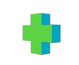 Groene en blauwe 3D-vorm van een kruis met een geometrisch ontwerp.