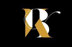 Letra "R" estilizada en blanco y dorado sobre fondo negro.