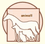 Umrisse von Pferd, Hund und Katze vor einem Quadrat; darüber steht "aniwell".