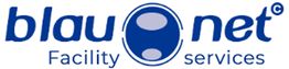 Logotipo de "blaunet Facility services" en azul con un diseño circular en el centro.
