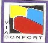 Logotipo de Vía Confort con figuras geométricas en amarillo, azul y rojo. Texto en vertical y horizontal.