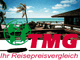 Strandlandschaft mit Palmen, Holzhaus und dem Logo "TMG Ihr Reisepreisvergleich".