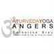 Texte: "AYURVEDA YOGA ANGERS Catherine Brau" avec symbole Om gris à gauche.