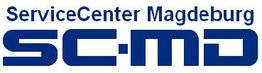 Logo mit blauem Schriftzug: "ServiceCenter Magdeburg" und Kürzel "SC-MD".