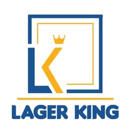 Logo mit einem gelben "K" und Krone in blauem Rahmen, Text "Lager King" darunter.