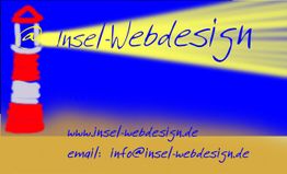 Ein roter Leuchtturm mit Lichtstrahl und Text: Insel-Webdesign, Webseite und E-Mail-Adresse.