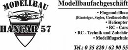 "Modellbau Hangar 57 Logo mit Angeboten: Flugmodelle, RC-Autos, Technik, Modellflugschule."
