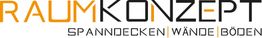 RAUMKONZEPT Logo mit Text: SPANNDECKEN, WÄNDE, BÖDEN in Orange und Schwarz.