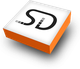 3D-Logo mit schwarzem "SD" auf weißem Würfel, orange Basis, schwebender Schatten.