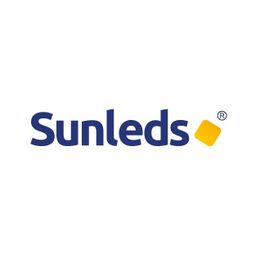 Logo mit Text "Sunleds" in Blau und einem gelben Quadrat daneben.