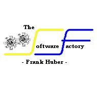 Logo: "The Software Factory - Frank Huber" mit Zahnrädern und blau-gelbem Design.