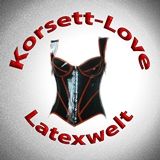 Korsett mit roten Akzenten, umgeben von den Worten "Korsett-Love" und "Latexwelt".