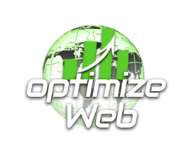 Grüner Globus mit Pfeilen und Text "optimize web" darüber.