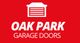 Red logo for Oak Park Garage Doors with a garage door icon above the text.