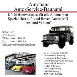 Autohaus-Werbung mit KFZ-Service, spez. auf Land Rover, Rover, MG. Dienstleistungen und Kontaktinfo.