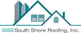 Logo of South Shore Roofing, Inc. with building and house outlines in teal and gray.