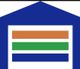 Abstract garage design: blue roof, orange, green, and blue horizontal stripes inside.
