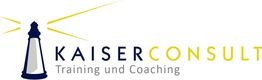 Logo mit Leuchtturm und Text: "Kaiser Consult, Training und Coaching" in Blau und Gelb.