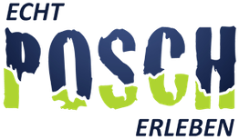 Textlogo mit "ECHT POSCH ERLEBEN" in blauen und grünen Farben.