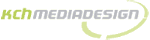 Logo mit Text "kch mediadesign", in grün und grau, mit einem geschwungenen Pfeil darunter.