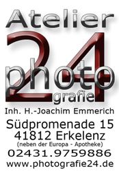 Atelier 24 Fotografie Logo mit Adresse und Kontaktinformationen in Erkelenz.