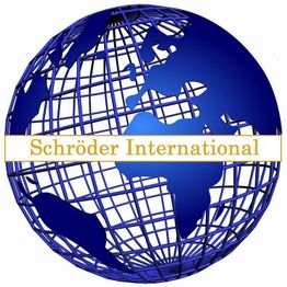Blaue Weltkugel mit weißem Schriftband: „Schröder International“.