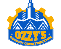 Logo of Ozzy's Golden Construction with buildings, roofs, and a gear background.