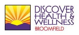 Logo with sun over mountains, text: Discover Health & Wellness, Broomfield.
