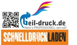 QR-Code und Logo von Geil-druck.de, darunter "SCHNELLDRUCKLADEN" auf orangefarbenem Hintergrund.