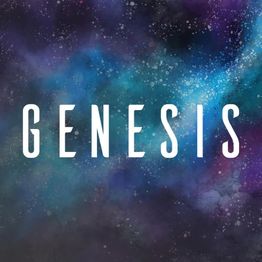 Text "GENESIS" auf buntem, kosmischem Hintergrund mit blau-violetten Farbtönen und Sternen.