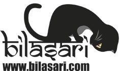 Schwarze Katze auf Logo, Text "bilasari" und "www.bilasari.com".