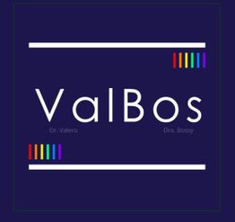 Logo de ValBos con texto "Dr. Valero Draa. Bossy" y líneas de colores en fondo azul oscuro.
