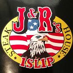 J&R's Steak House logo with an eagle, American flag background, and "Islip" text.