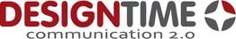 DESIGNTIME-Logo mit Schriftzug "communication 2.0" und Kreis-Symbol in Rot und Grau.