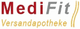 Logo der MediFit Versandapotheke mit rot-grauer Schrift und gelben Linien.